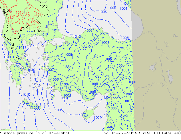 Presión superficial UK-Global sáb 06.07.2024 00 UTC