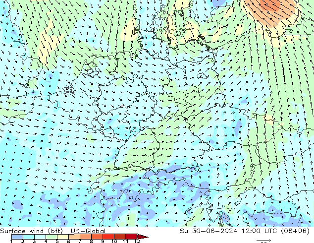 Wind 10 m (bft) UK-Global zo 30.06.2024 12 UTC