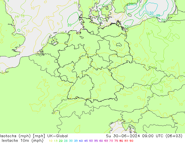 Isotachs (mph) UK-Global 星期日 30.06.2024 09 UTC