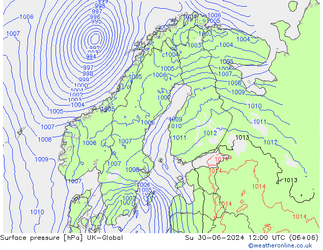Luchtdruk (Grond) UK-Global zo 30.06.2024 12 UTC