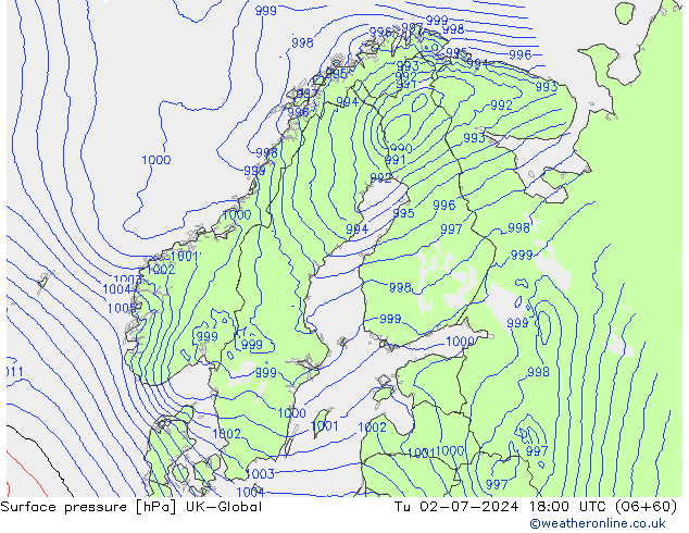 地面气压 UK-Global 星期二 02.07.2024 18 UTC