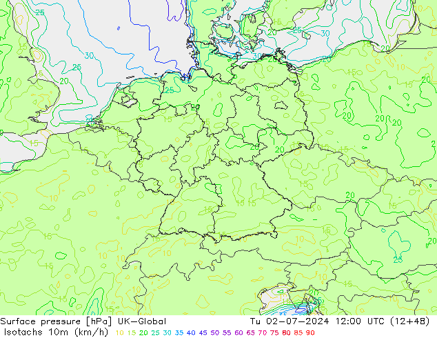 Isotachen (km/h) UK-Global di 02.07.2024 12 UTC