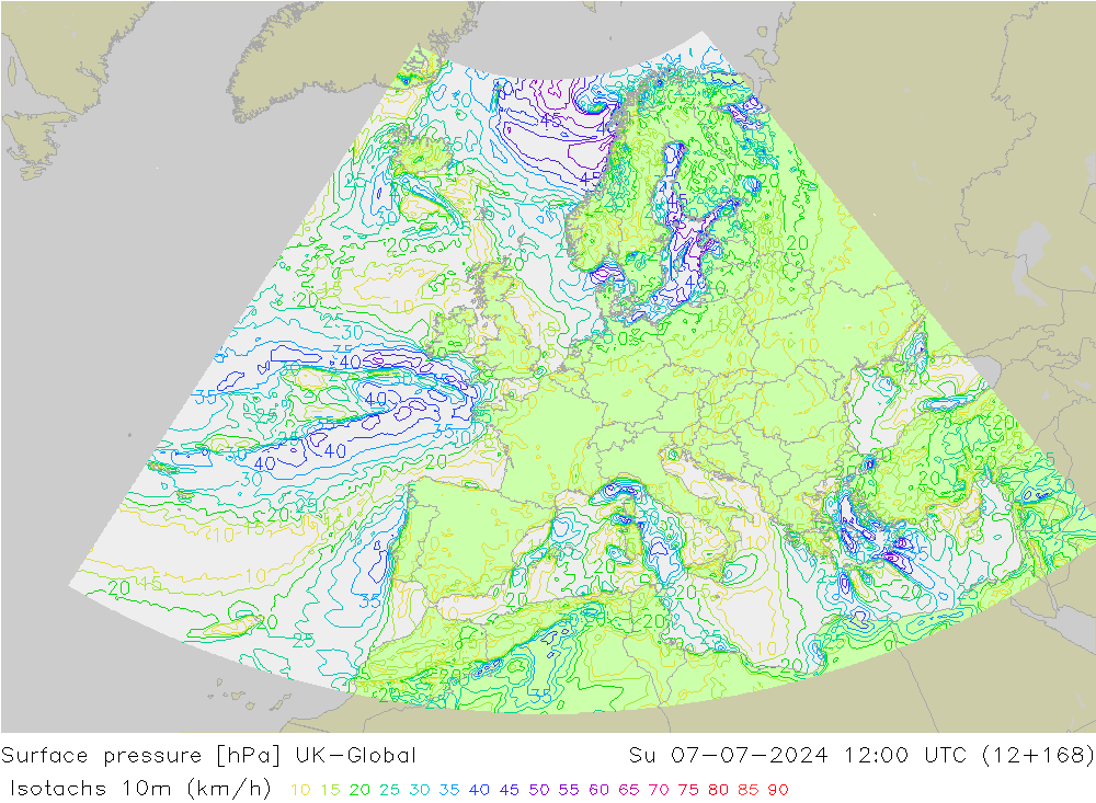 10米等风速线 (kph) UK-Global 星期日 07.07.2024 12 UTC