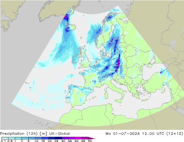降水量 (12h) UK-Global 星期一 01.07.2024 00 UTC