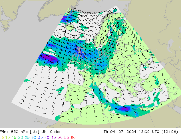 风 850 hPa UK-Global 星期四 04.07.2024 12 UTC