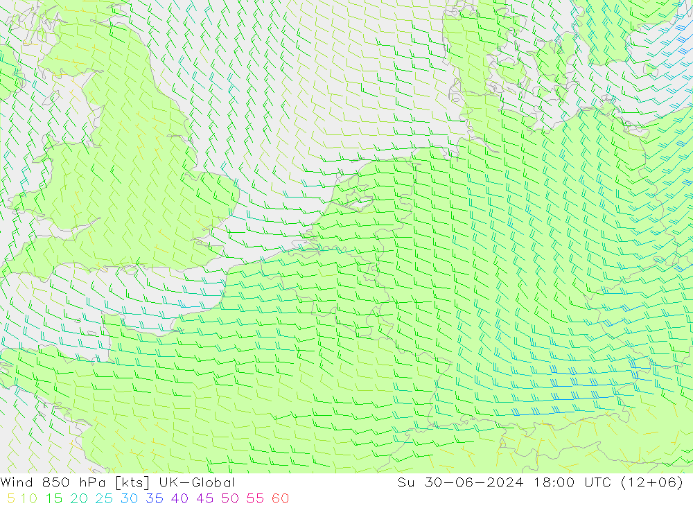 Wind 850 hPa UK-Global zo 30.06.2024 18 UTC