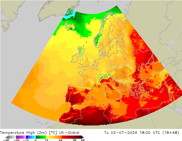 Max.temperatuur (2m) UK-Global di 02.07.2024 18 UTC
