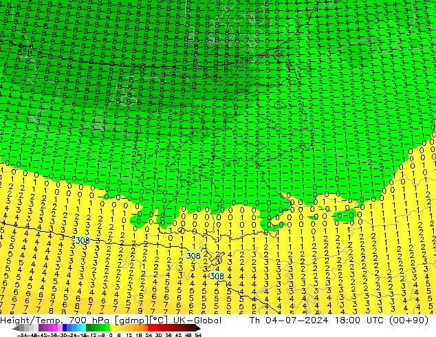 Height/Temp. 700 hPa UK-Global 星期四 04.07.2024 18 UTC
