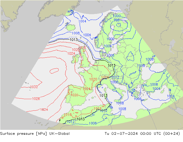 地面气压 UK-Global 星期二 02.07.2024 00 UTC