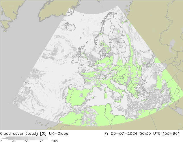 Bewolking (Totaal) UK-Global vr 05.07.2024 00 UTC