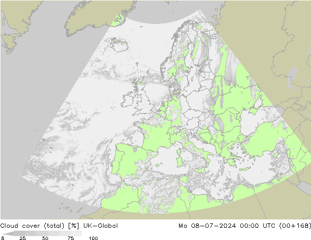 Bewolking (Totaal) UK-Global ma 08.07.2024 00 UTC