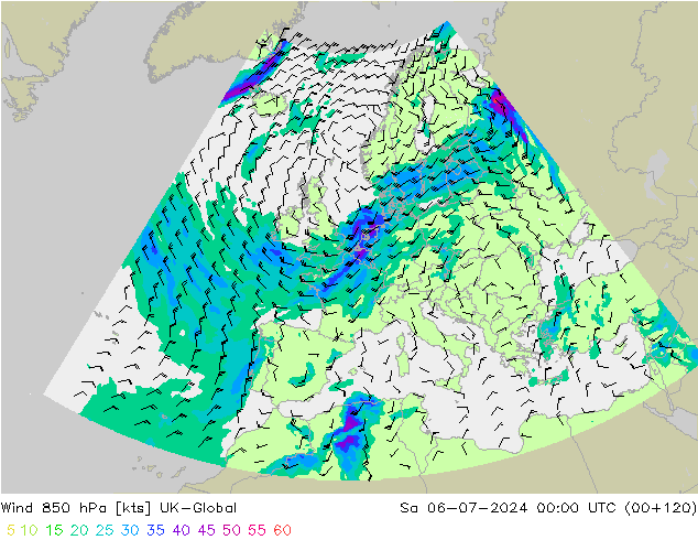 Wind 850 hPa UK-Global za 06.07.2024 00 UTC