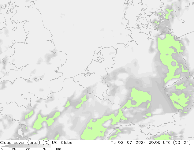 Bewolking (Totaal) UK-Global di 02.07.2024 00 UTC