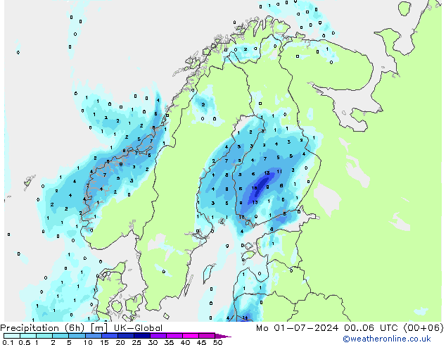 降水量 (6h) UK-Global 星期一 01.07.2024 06 UTC