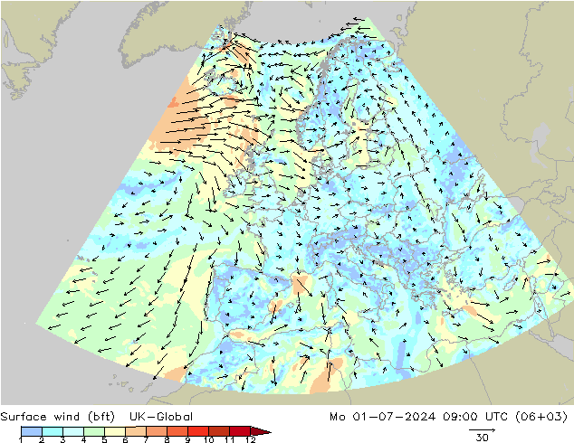 Wind 10 m (bft) UK-Global ma 01.07.2024 09 UTC