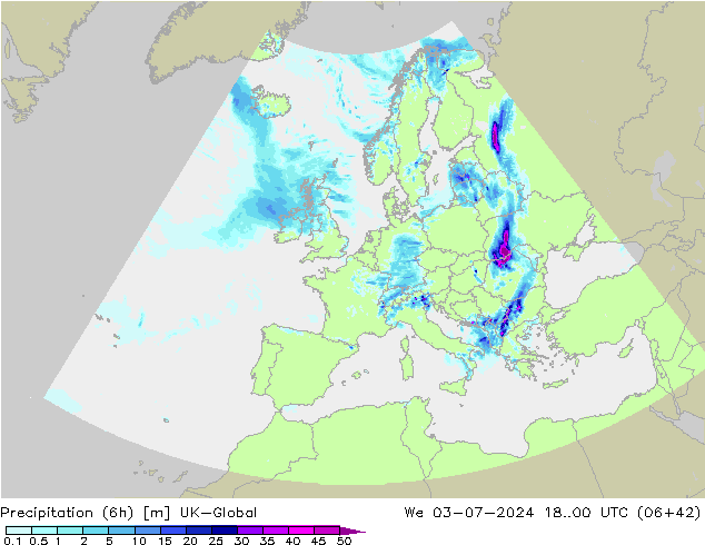 Totale neerslag (6h) UK-Global wo 03.07.2024 00 UTC