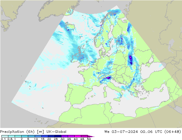 Totale neerslag (6h) UK-Global wo 03.07.2024 06 UTC