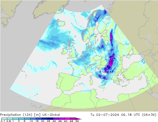 Totale neerslag (12h) UK-Global di 02.07.2024 18 UTC