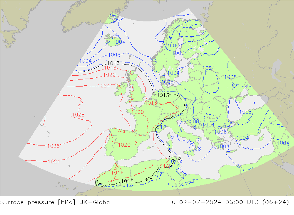 Luchtdruk (Grond) UK-Global di 02.07.2024 06 UTC