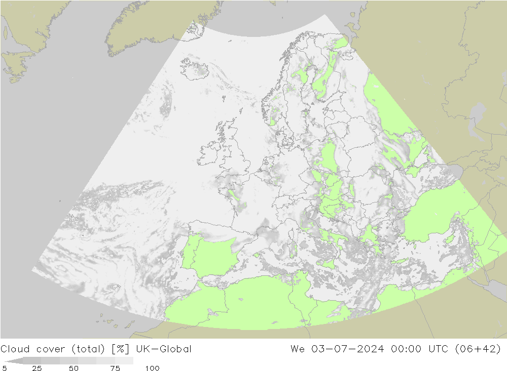 Bewolking (Totaal) UK-Global wo 03.07.2024 00 UTC