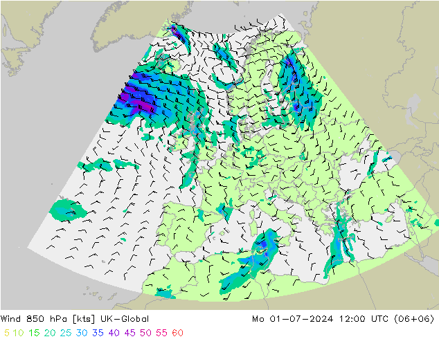 Wind 850 hPa UK-Global ma 01.07.2024 12 UTC