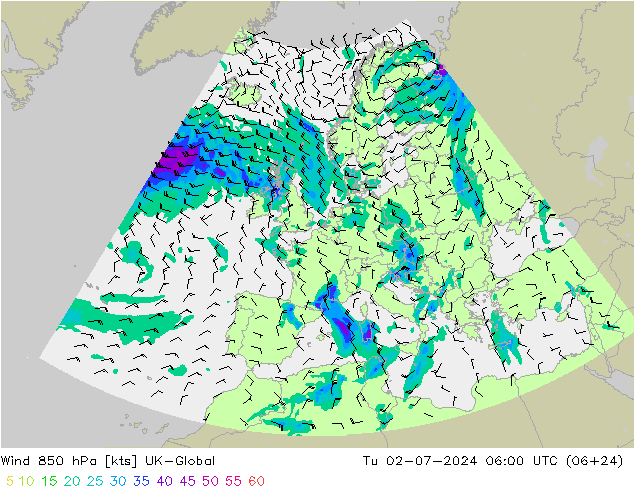 风 850 hPa UK-Global 星期二 02.07.2024 06 UTC