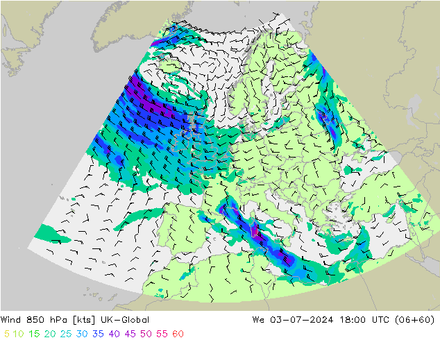 Wind 850 hPa UK-Global wo 03.07.2024 18 UTC
