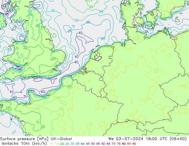 10米等风速线 (kph) UK-Global 星期三 03.07.2024 18 UTC