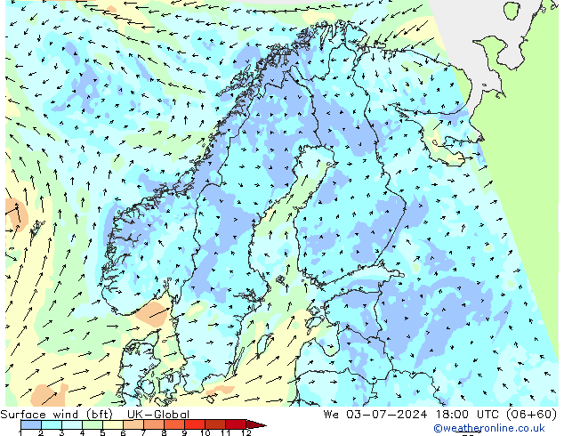 Wind 10 m (bft) UK-Global wo 03.07.2024 18 UTC