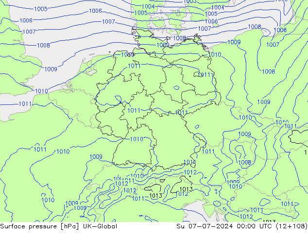 地面气压 UK-Global 星期日 07.07.2024 00 UTC