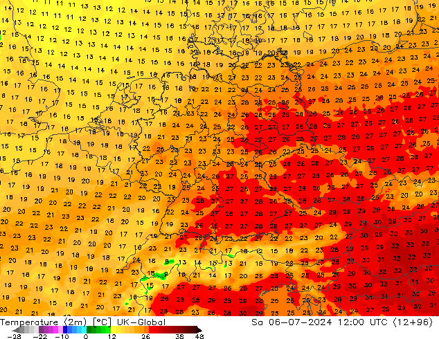 Temperatuurkaart (2m) UK-Global za 06.07.2024 12 UTC