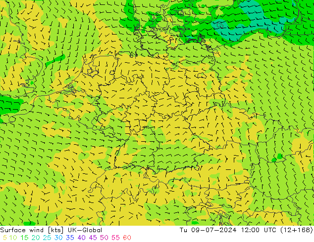 风 10 米 UK-Global 星期二 09.07.2024 12 UTC