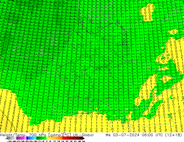 Height/Temp. 700 hPa UK-Global 星期三 03.07.2024 06 UTC