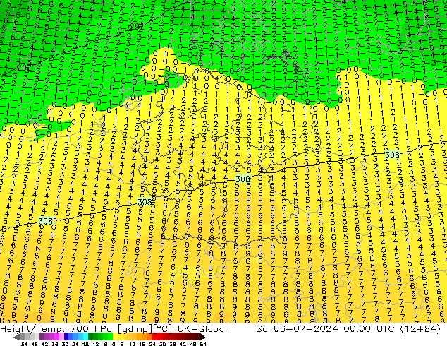Height/Temp. 700 hPa UK-Global 星期六 06.07.2024 00 UTC