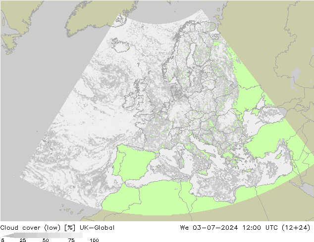 Bewolking (Laag) UK-Global wo 03.07.2024 12 UTC