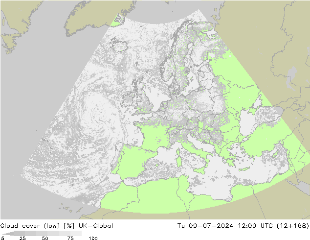 Bewolking (Laag) UK-Global di 09.07.2024 12 UTC