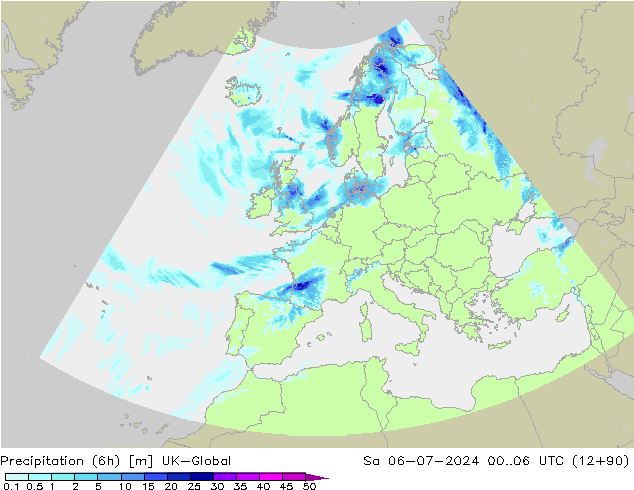 降水量 (6h) UK-Global 星期六 06.07.2024 06 UTC