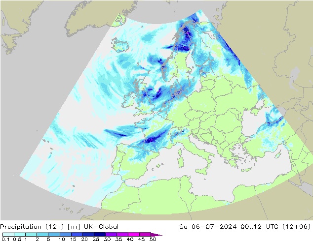 降水量 (12h) UK-Global 星期六 06.07.2024 12 UTC