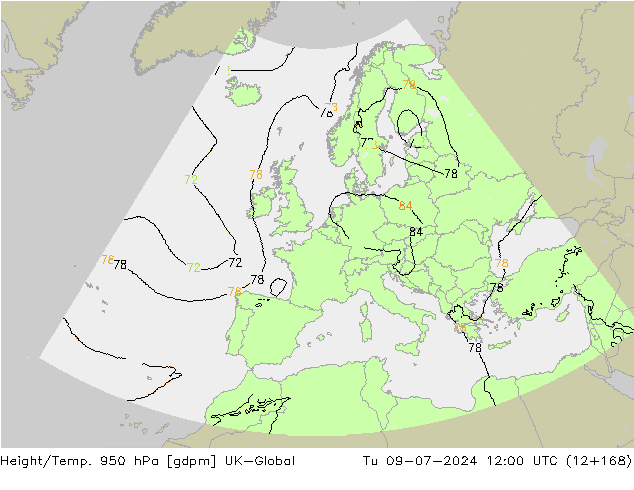 Hoogte/Temp. 950 hPa UK-Global di 09.07.2024 12 UTC