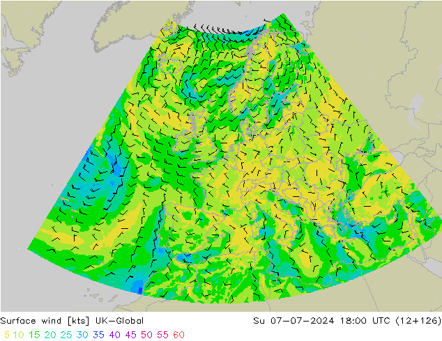 Wind 10 m UK-Global zo 07.07.2024 18 UTC