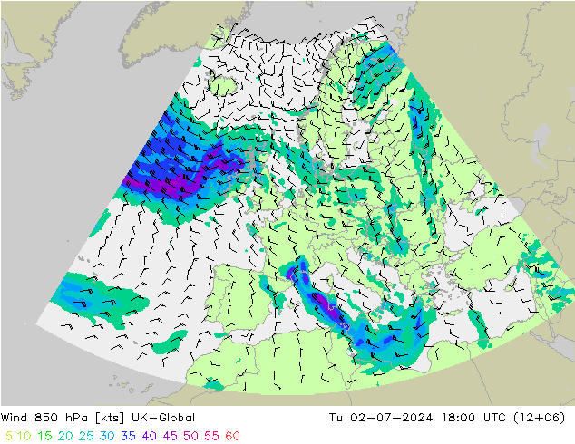 风 850 hPa UK-Global 星期二 02.07.2024 18 UTC