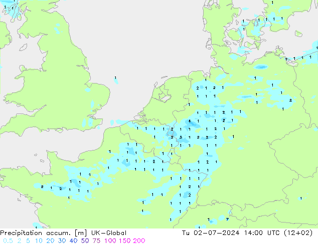Precipitation accum. UK-Global 星期二 02.07.2024 14 UTC