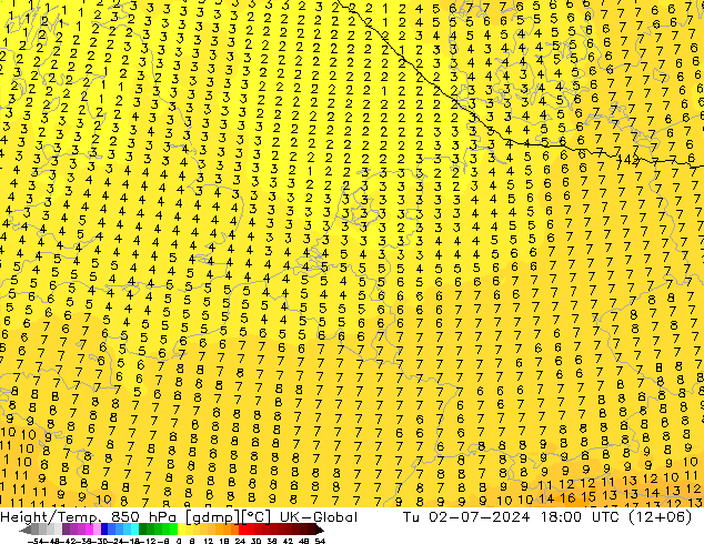Hoogte/Temp. 850 hPa UK-Global di 02.07.2024 18 UTC