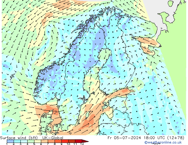 Wind 10 m (bft) UK-Global vr 05.07.2024 18 UTC