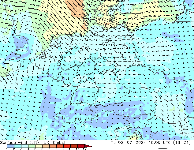 Wind 10 m (bft) UK-Global di 02.07.2024 19 UTC