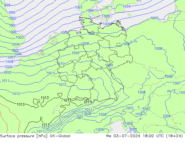 地面气压 UK-Global 星期三 03.07.2024 18 UTC