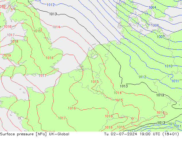 Luchtdruk (Grond) UK-Global di 02.07.2024 19 UTC