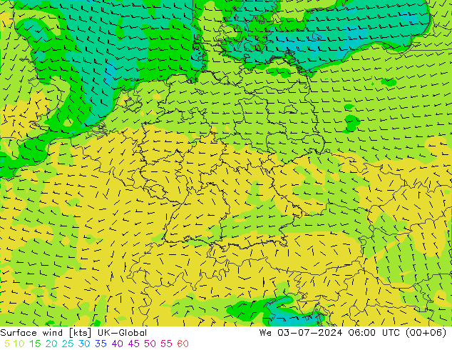 风 10 米 UK-Global 星期三 03.07.2024 06 UTC