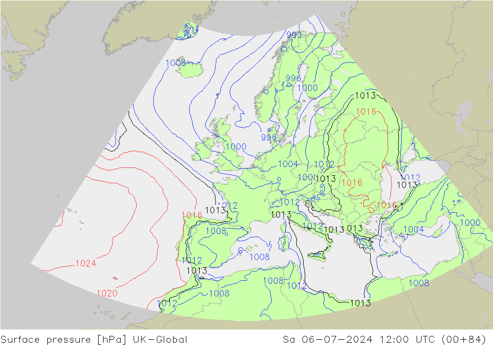 地面气压 UK-Global 星期六 06.07.2024 12 UTC
