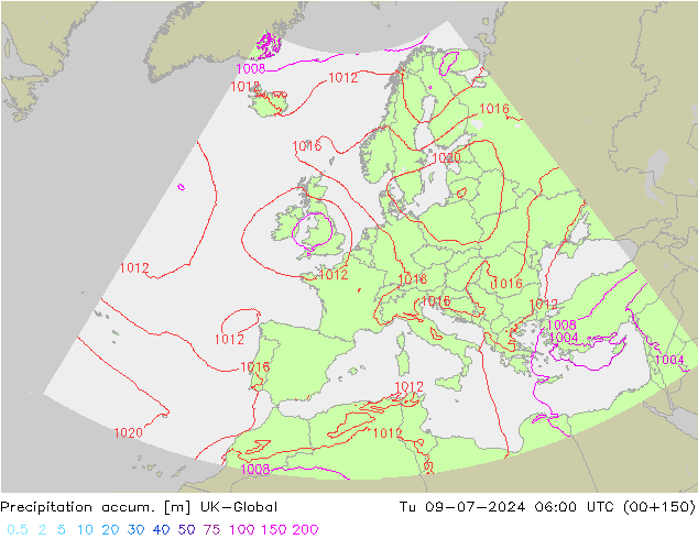 Precipitation accum. UK-Global 星期二 09.07.2024 06 UTC